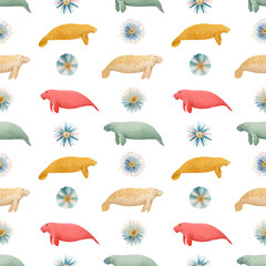 Fototapeta premium Seamless watercolor pattern with manatees, shells and sea urchins, diverse ocean life nursery background