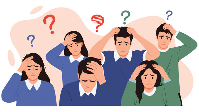 Diverse group of people expressing feelings of stress confusion and headache with question marks floating above their heads.