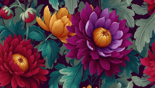 Una vibrante composici&oacute;n floral con dalias en tonos rojo, p&uacute;rpura y naranja sobre un fondo oscuro.