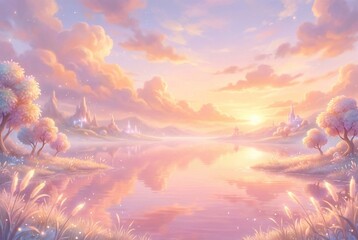 Dreamy Pastel Sunset Lake with Fantasy Landscape Glow