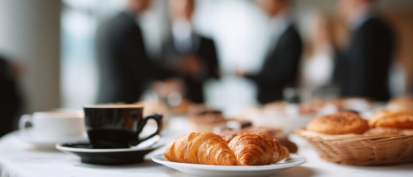 Business coffee break with fresh croissants and coffee cup on table. Blurred group of businessmen in suits networking and talking in the background during a corporate conference. Panoramic banner