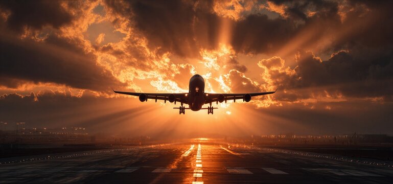 Un avi&oacute;n despegando al amanecer, iluminado por los rayos del sol.