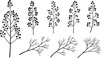 Botanical branch silhouettes featuring berry stems and delicate twigs, ideal for nature-themed graphic design, floral wall art, rustic invitations, crafting elements and modern botanical decoration. © MstRabiya