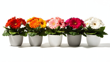Fototapeta premium Vibrant Arrangement of Various Colored Daisy-like Blossom Plants in White Pots, Showcasing a Beautiful Spectrum of Hues on a Clean White Background