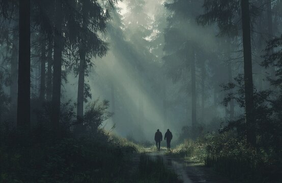Dos figuras caminan por un sendero boscoso iluminado por rayos de sol.