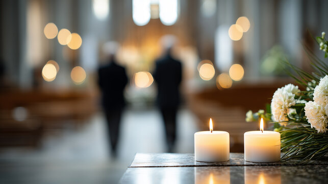Funeral ceremony in church with lit candles and white flowers in foreground, blurred mourners in black.