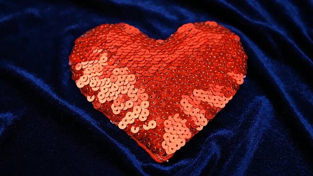 Red Sequined Heart on Velvet Fabric.