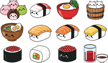 Cute Kawaii Sushi and Japanese Food Cartoon Set with Adorable Characters Isolated on White Background Vector Illustration © MstRoysha