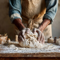 Close up of baker hands kneading raw dough on wooden table with flour, authentic craft bakery process