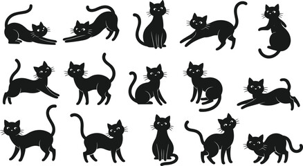 Collection of black cat silhouettes in various playful poses, cute cartoon style vector illustration isolated on white background for pet design concept