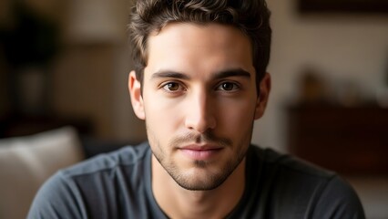 Fototapeta premium Young man with serious expression indoors.