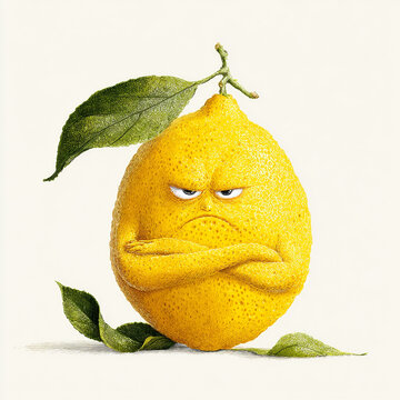 Grumpy sour lemon character with folded arms and angry facial expression for citrus food humor.