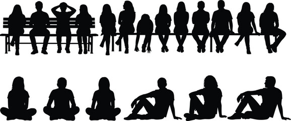 Collection of diverse people silhouettes sitting on benches and floor in various relaxed poses for community social gathering public space and lifestyle design concepts © MstRabiya