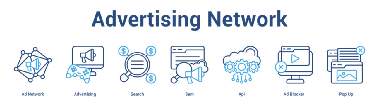 Advertising Network web banner icon set vector illustration concept for business with icon of Ad Network, Advertising, Search, Sem, Api, Ad Block.