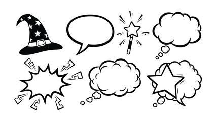 Comic Elements of Enchantment: A whimsical collection of comic-style elements, including a wizard's hat, speech bubbles, and a magic wand, evoke a sense of fantasy and imagination.  © Azizun