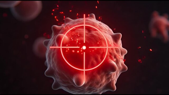 Microscopic 3D illustration of a malignant tumor cell targeted by a glowing red crosshair representing precision oncology medicine immunotherapy research and early cancer detection technology.