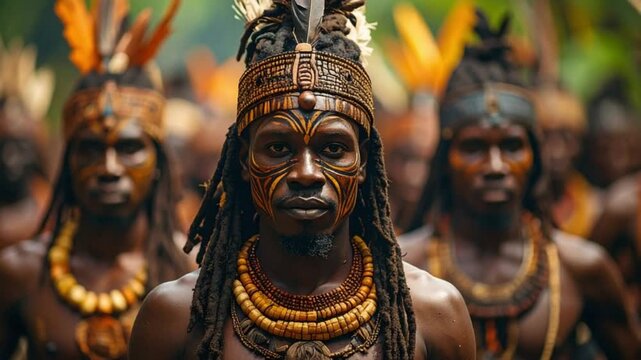Striking portrait of an indigenous man in traditional tribal attire
