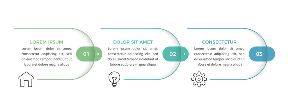 Horizontal process infographic template with three steps, icons and text blocks
