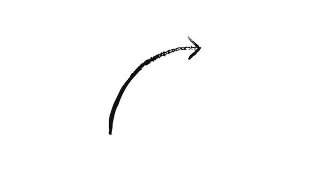 Curved up arrows in sweeping movement grunge doodle animation. Upward curve arch to right. Animated hand drawn pointers. Dynamic sketchy rough direction. Distressed ink motion overlays collection