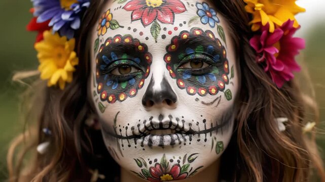 A vibrant portrait of a woman with Day of the Dead makeup and flowers.