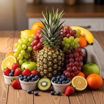 Assortment of fresh fruits on wooden table, healthy food