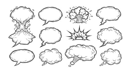 Explosive Discourse: A dynamic collection of comic speech bubbles and an explosion, perfect for conveying impactful statements or intense reactions.