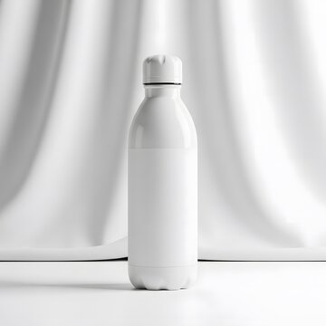 White insulated water bottle with blank label on a white background