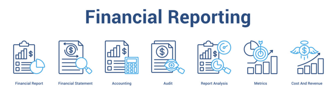 Financial Reporting web banner icon set vector illustration concept for business with icon of Financial Report, Financial Statement, Accounting, Audit, Report Analysis, Metrics, C.