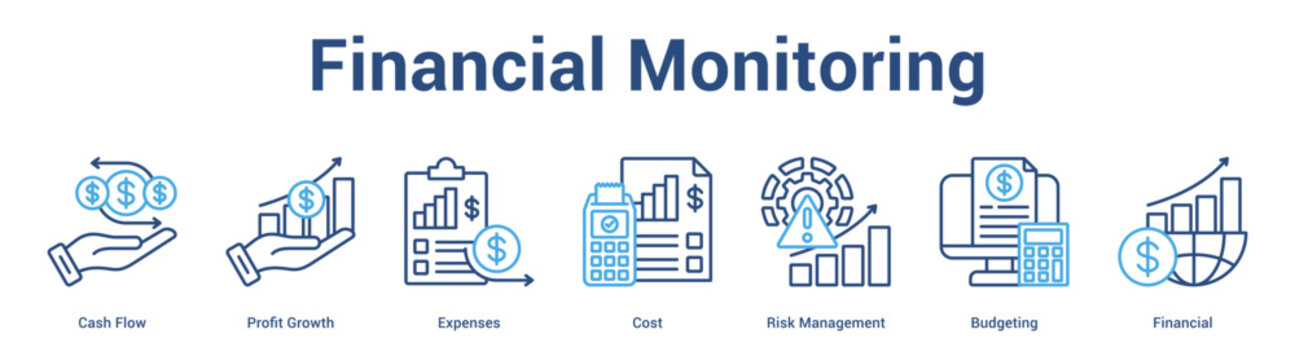 Financial Monitoring web banner icon set vector illustration concept for business with icon of Cash Flow, Profit Growth, Expenses, Cost, Risk Manageme.