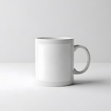 White ceramic mug with blank label on a clean background, mockup