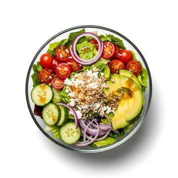 Fresh salad in glass bowl with avocado, cherry tomatoes, and cucumber