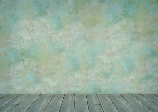 Background for photo studio with wooden table and backdrop.