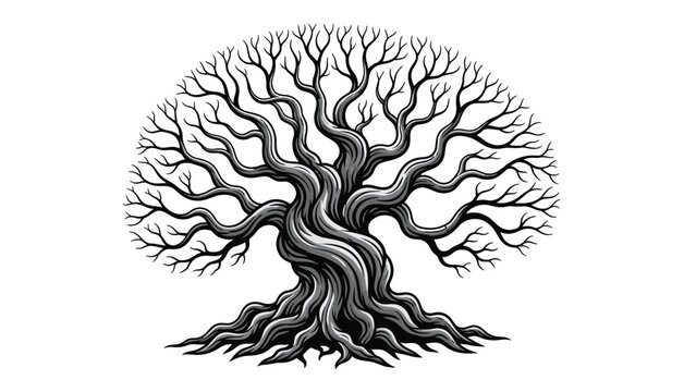Detailed drawing of an old twisted tree with many branches and strong deep roots in black and white vintage style.
