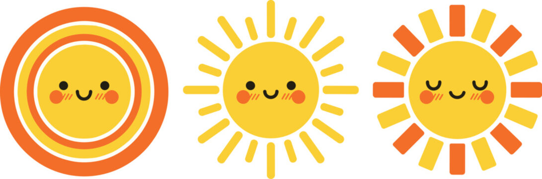 Set of cute smiling sun characters with happy faces and rosy cheeks in flat cartoon style isolated on white background,