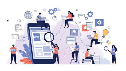 Group of people working on tasks and interacting with content on a giant mobile smartphone interface in a creative environment.