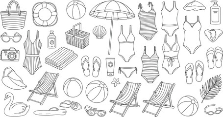 Summer beach vacation vector illustration set featuring hand drawn swimwear, beach chairs, umbrellas, and holiday travel line art icons for.