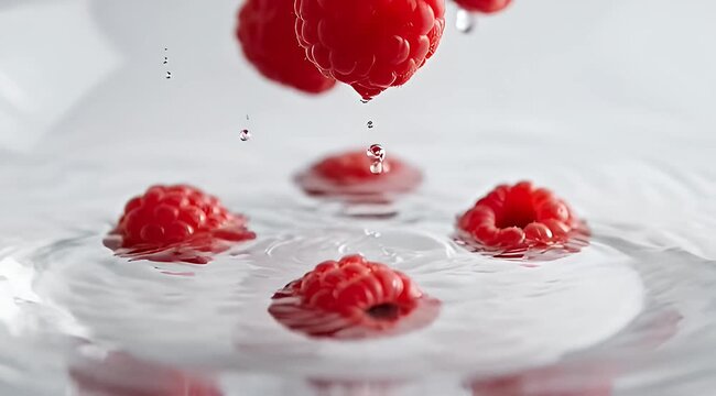 Vibrant red raspberries creating ripples in water under a pristine white backdrop