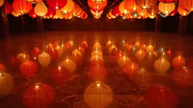Rows of Glowing Lanterns in Dimly Lit Room.