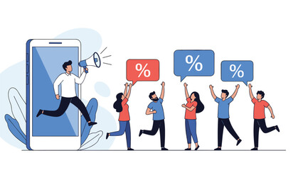 Mobile marketing concept showing a man promoting sales with a megaphone from a smartphone to a group of happy customers.
