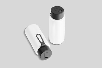 A white insulated tumbler with a black lid lies on its side next to an upright version on a gray background