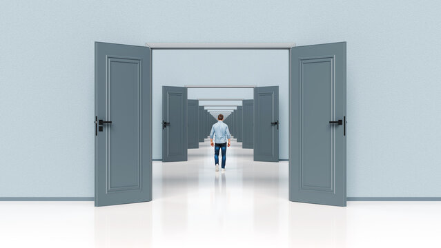 Man walking through a series of multiple open doors in a row representing endless opportunities and career progression, 3d render
