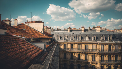 Fototapeta premium Rooftop terrace with terracotta tile and classic mansard roof under blue sky with clouds