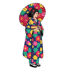 Obraz premium Japanese Woman in Traditional Kimono and Colorful Umbrella