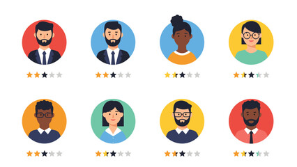 Fototapeta premium Diverse set of user profile avatars in colorful circles with five star rating systems displayed for customer feedback and performance review.