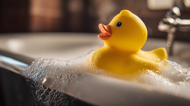 A funny bathtub with copy space for marketing advertisement text or quotes is being used by the yellow duck for a self-care moment.