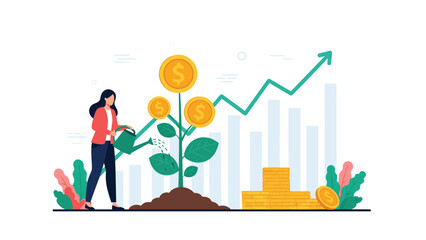 Professional woman watering a money tree while a background bar chart with a rising arrow indicates successful long term financial growth.
