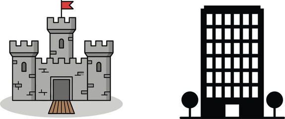 Medieval Stone Castle and Modern City Building Comparison Cartoon Vector Architecture Illustration © Mohammad