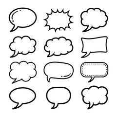 Dialogue Icons: A collection of various hand-drawn dialogue speech bubbles suitable for communicating messages, thoughts, or ideas in graphic design or communication projects. 