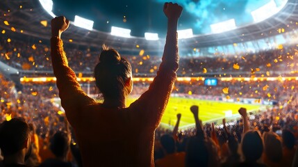 A man celebrates with his arms raised in a packed stadium with confetti falling
