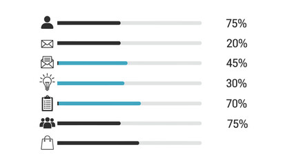 Collection of horizontal progress bars with various business and social icons showing different completion percentages for projects.